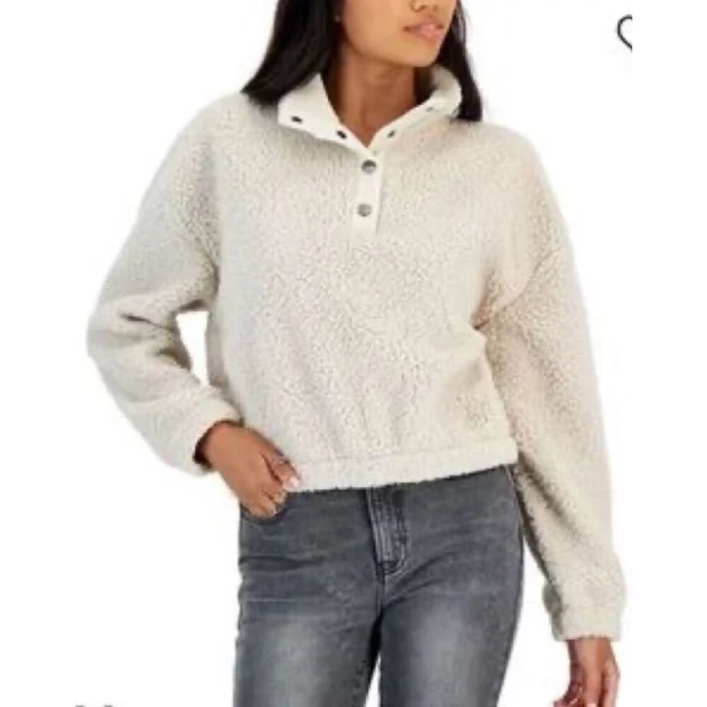 PacSun Womens Midrift Sherpa 1/4 Snap Cropped Pullover Sweater Off White Small